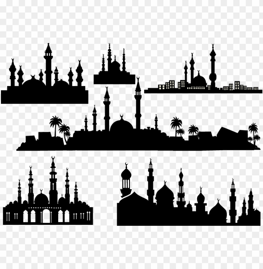 Set Of Islamic Mosque Masjid Black Silhouette PNG Image With Transparent Background