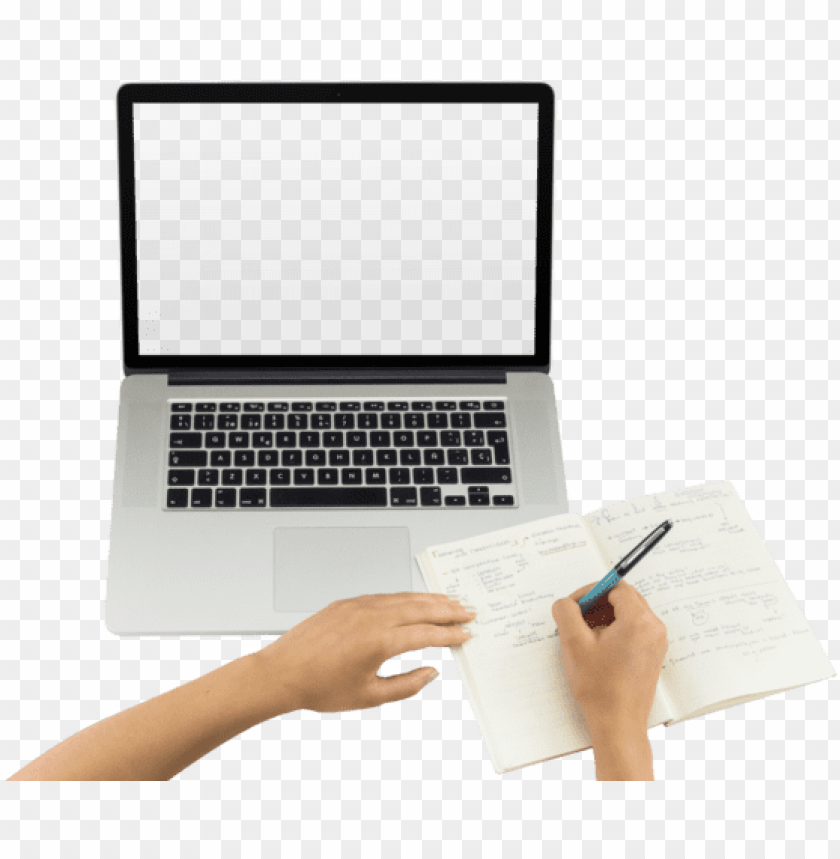 Top Shot Macbook Png Mockup Featuring A Woman Writing Hands On Laptop PNG Image With Transparent Background